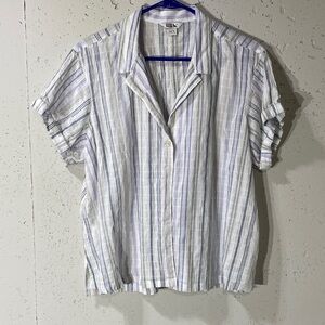 Eddie Bauer White Short-Sleeve Button-Down with Light Blue Stripes